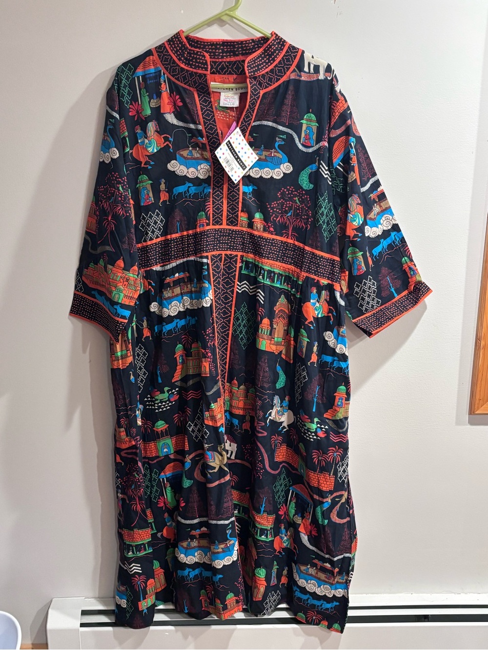 Gretchen Scott Designs Black Multicolor Illustrated Kaftan with Coral Trim